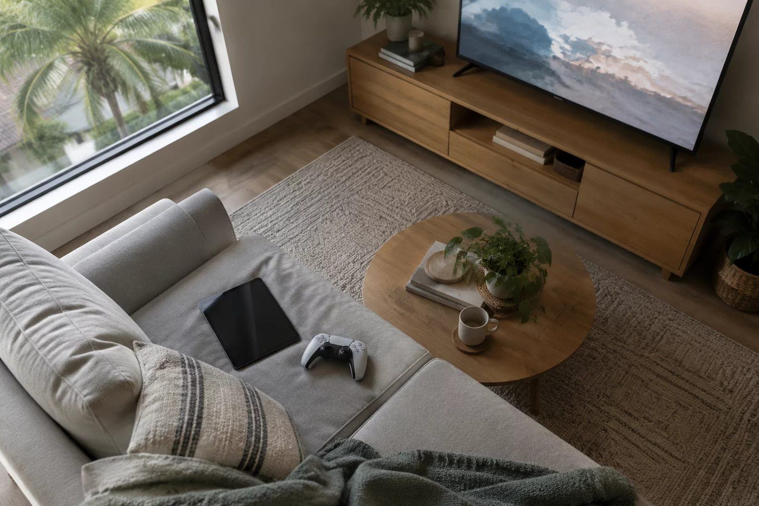 A sofa with a game controller and a tablet