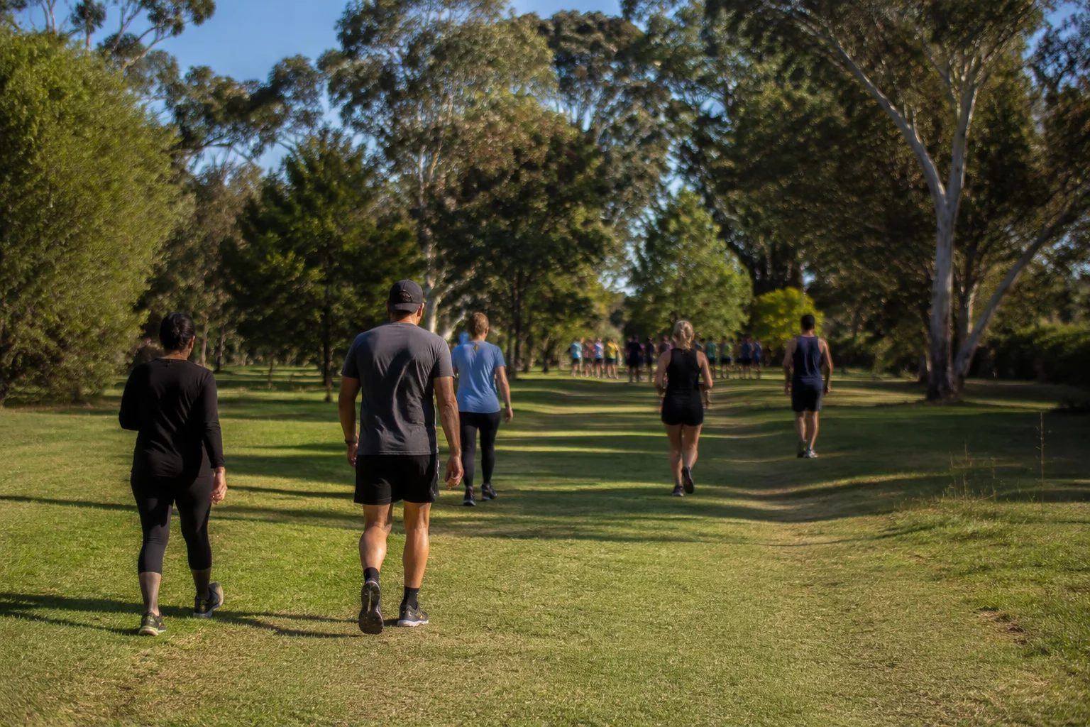 Walkers and runners on a park path at a weekend event